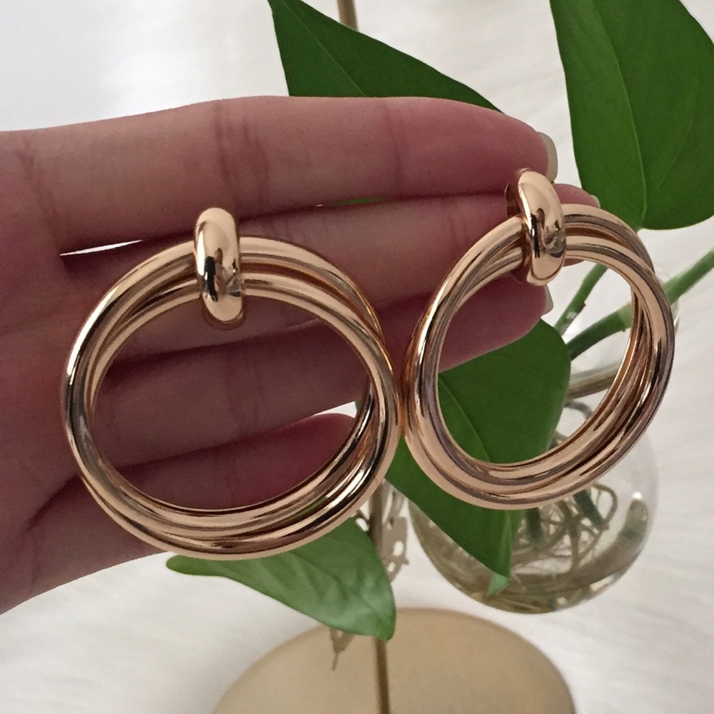 Gold Double Circle Drop Earrings - Picture 6 of 7